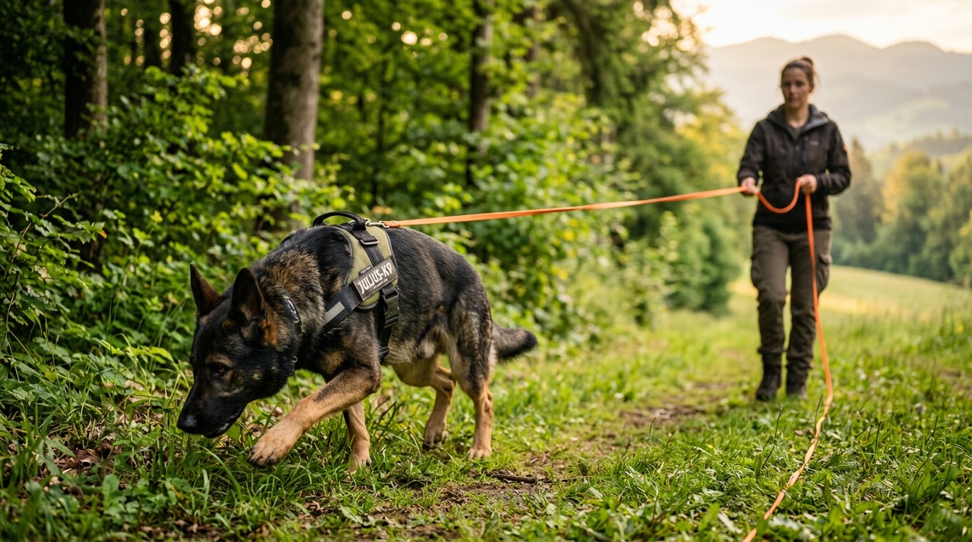 Schäferhund folgt mit der Nase am Boden konzentriert einer Spur am Waldrand, Hundeführerin mit Schleppleine im Hintergrund