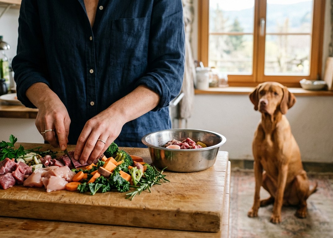 In einer hellen Küche werden frisches Fleisch und Gemüse für die Rohfütterung geschnitten, ein Hund wartet aufmerksam.