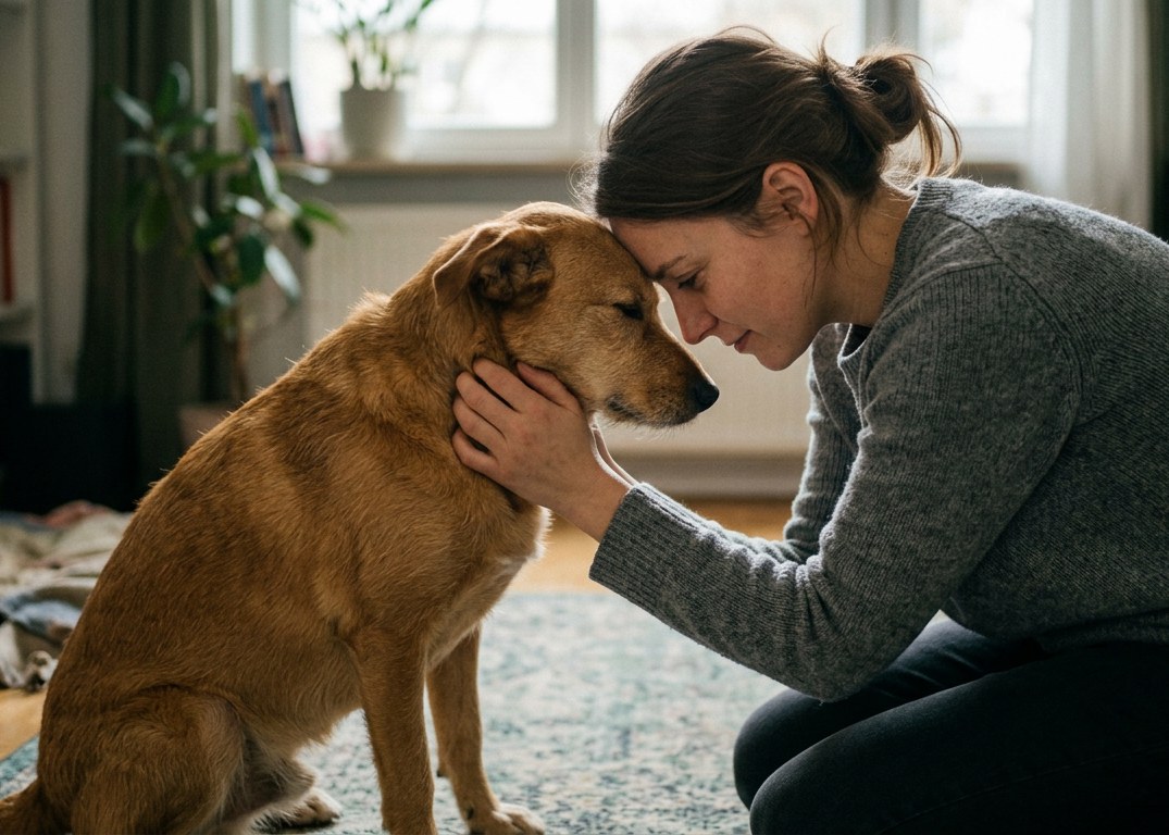 Frau und Hund berühren sich Stirn an Stirn – ein ruhiger, vertrauter Moment im Wohnzimmer.